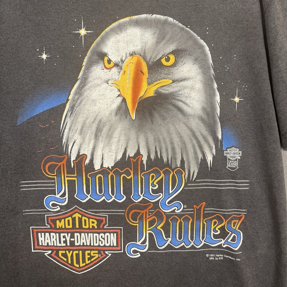 Vintage 1991 Harley Davidson Gray Tee Eagle Single Stitch SSI Men's XL Biker USA